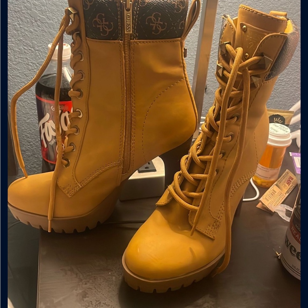 Guess Yellow Lace Up Boots with Stiletto Heel